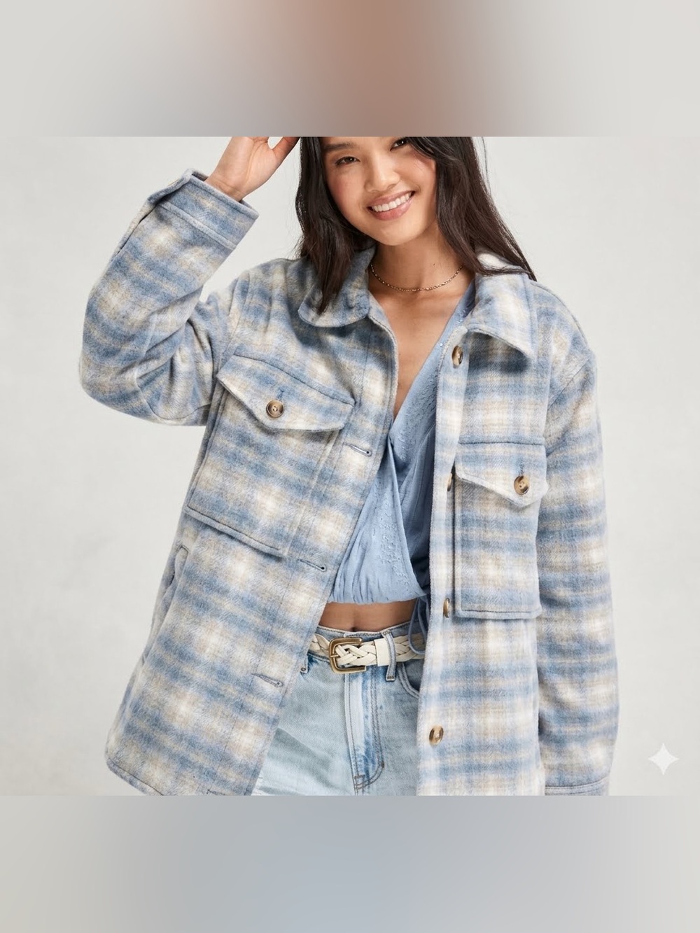 American Eagle Plaid Shacket Oversized in Grey Blue Cream Size S